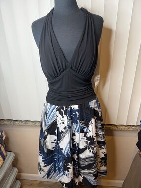Maggy Boutique Black Halter Top with Blue & White Floral Skirt Dress Size 10